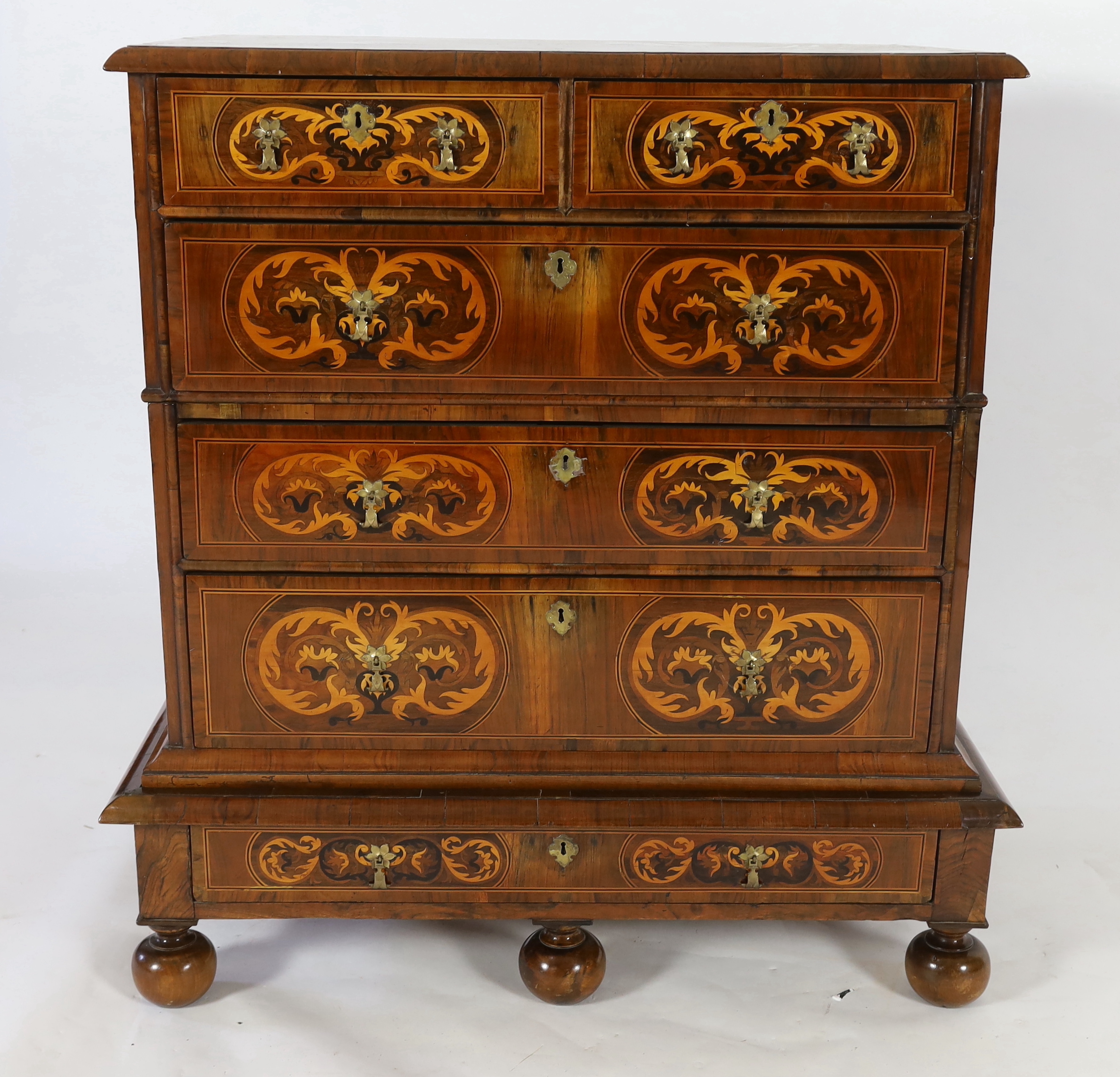 A William III and later walnut and marquetry chest on stand, width 108cm, depth 65cm, height 113cm